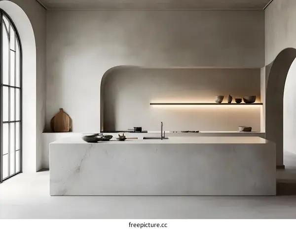 Minimalist Kitchen Design with Archway and Grey Walls