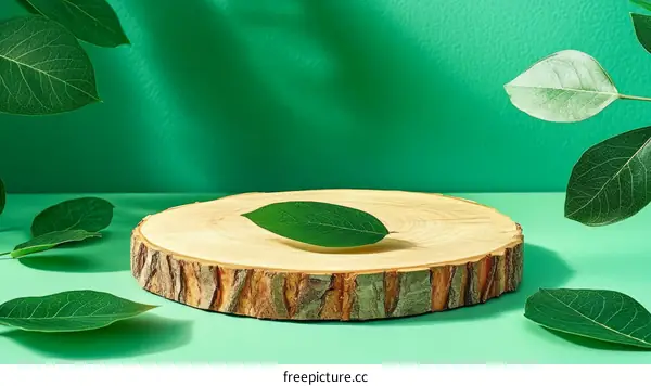 Nature Inspired Wooden Display Stand with Green Leaves