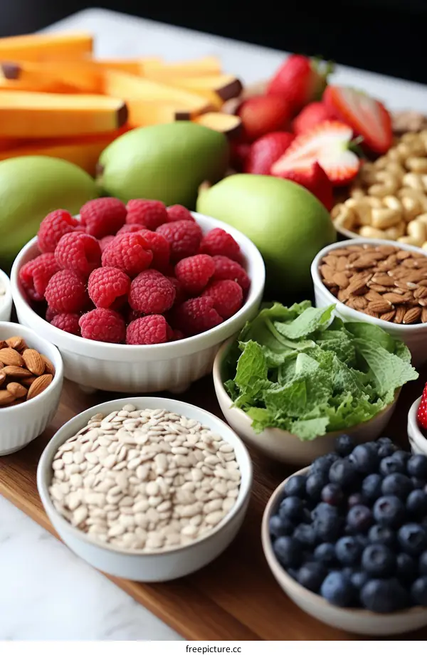 A Variety of Fresh Fruits, Vegetables, and Nuts on a Wooden Table