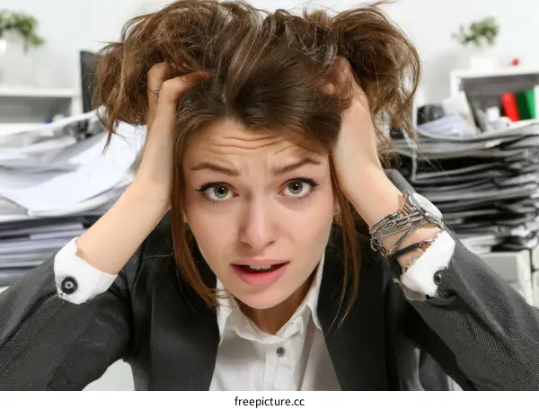 Overwhelmed businesswoman with a pile of papers