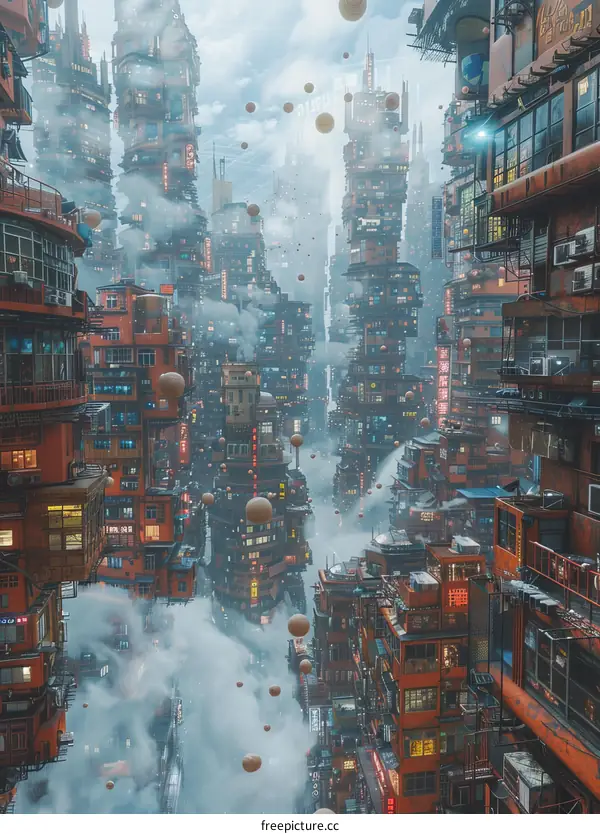 A futuristic city with tall buildings and flying cars