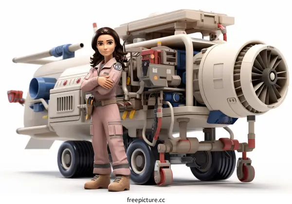 Cartoon Female Firefighter Standing in Front of Fire Truck