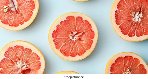 Fresh Halved Grapefruits on Blue Background