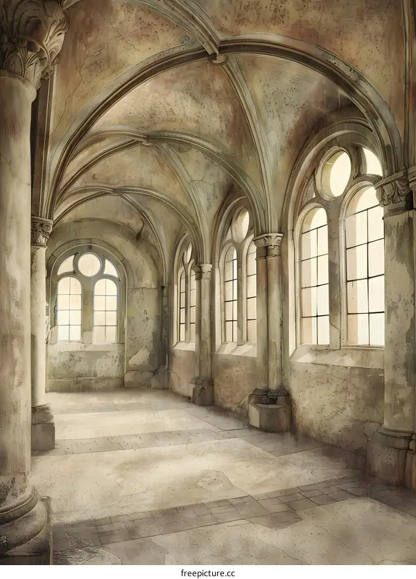 Ancient Stone Hallway With Archways And Windows