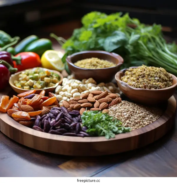 A wooden plate of assorted nuts, seeds, and vegetables