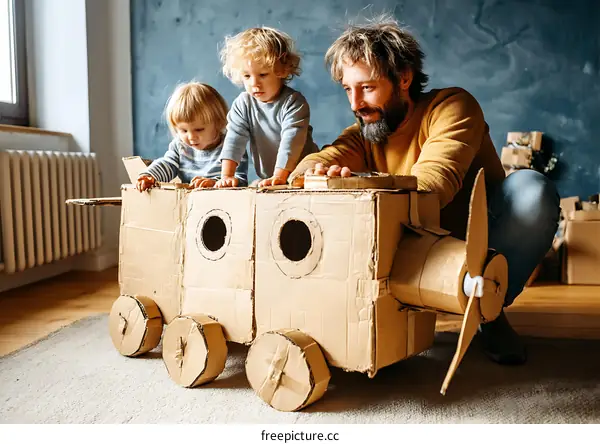 Creative Cardboard Airplane with Kids and Dad