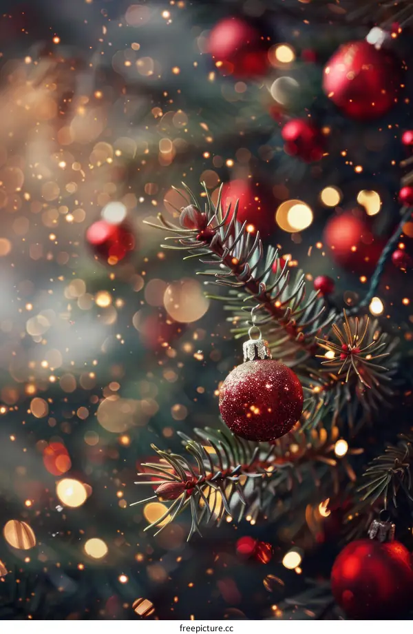Red Christmas Tree Ornaments and Lights