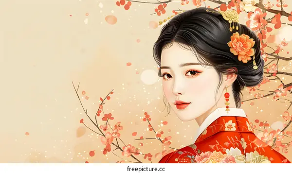 A beautiful Chinese woman in traditional dress with peach blossom background