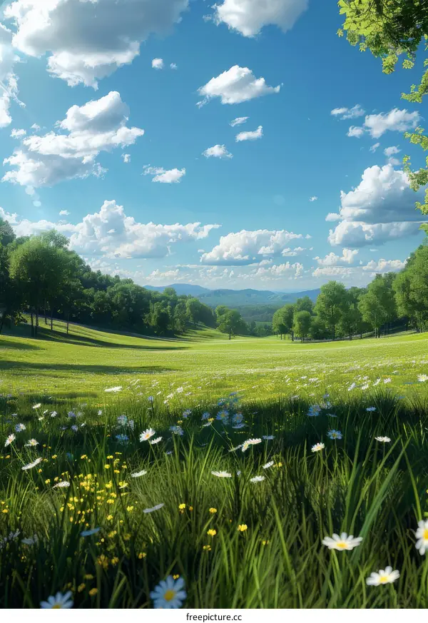 Rolling Green Hills Under a Blue Sky with White Clouds