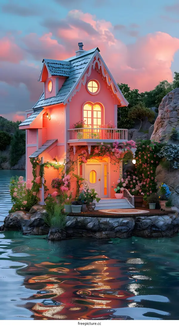 pink house on the lake