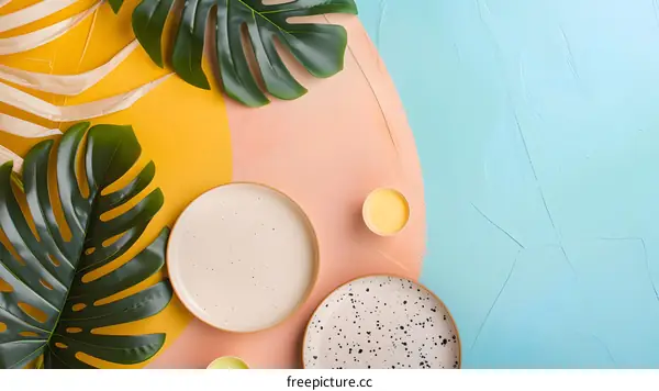 Tropical Leaf and Plates on Colorful Background