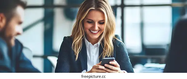 Smiling Businesswoman Using Mobile Phone in Office