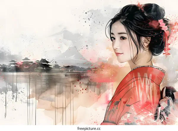 Portrait of a young Japanese woman in traditional kimono with a beautiful background of mountains and cherry blossoms