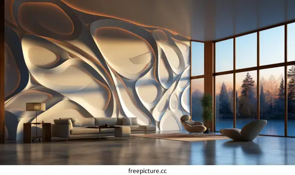 Modern interior design living room with large windows and curved wall