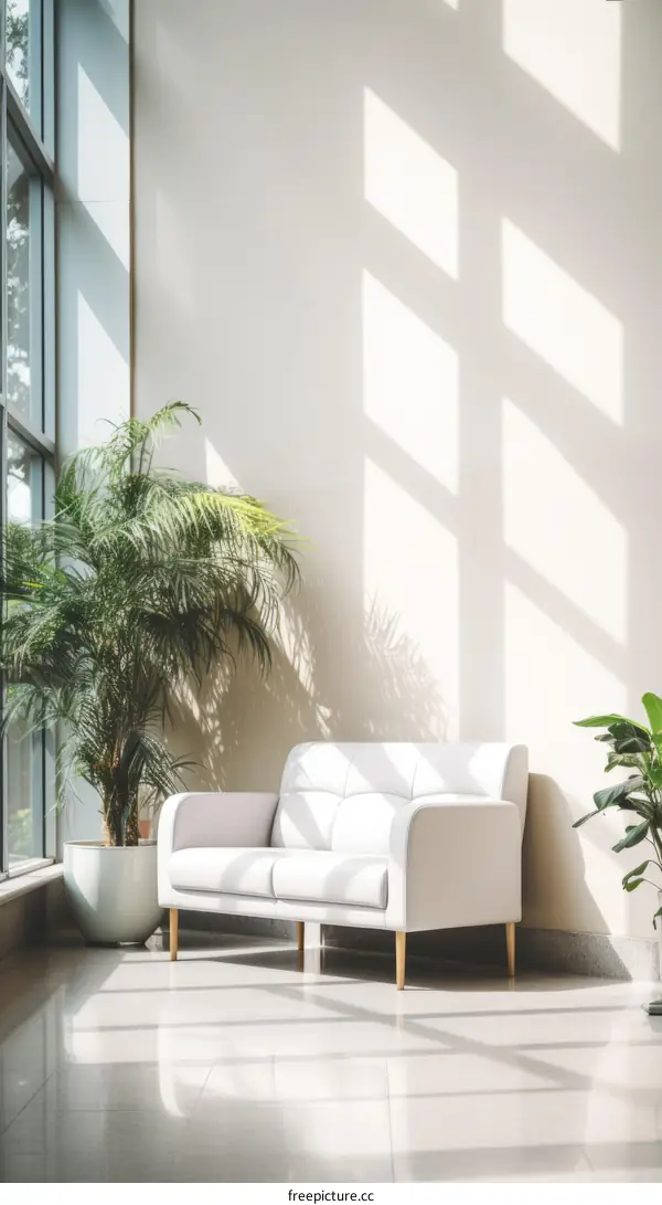 Sunlight shining through the window onto a white leather sofa