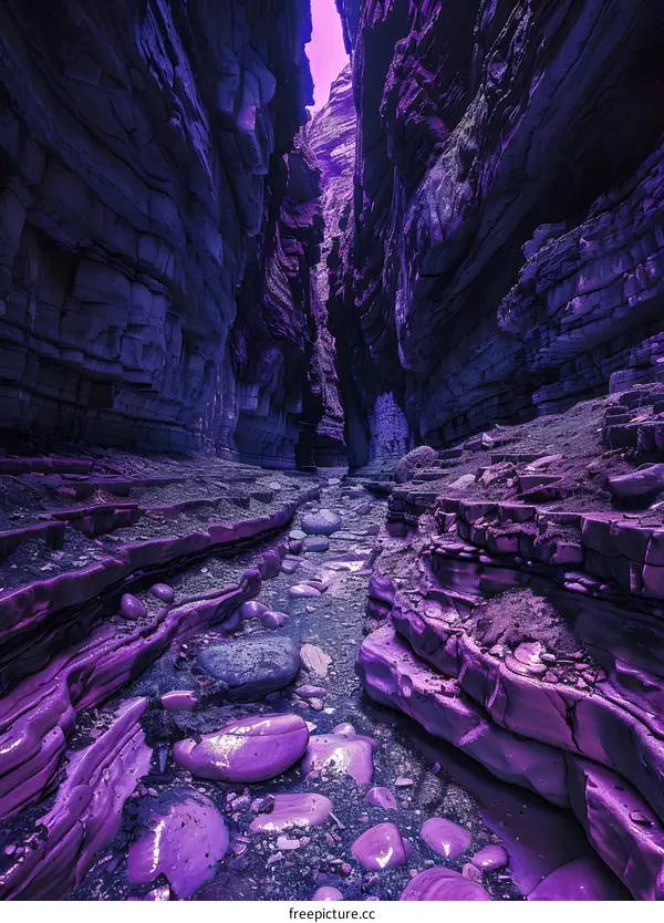 Mystical purple canyon landscape with a river flowing through it