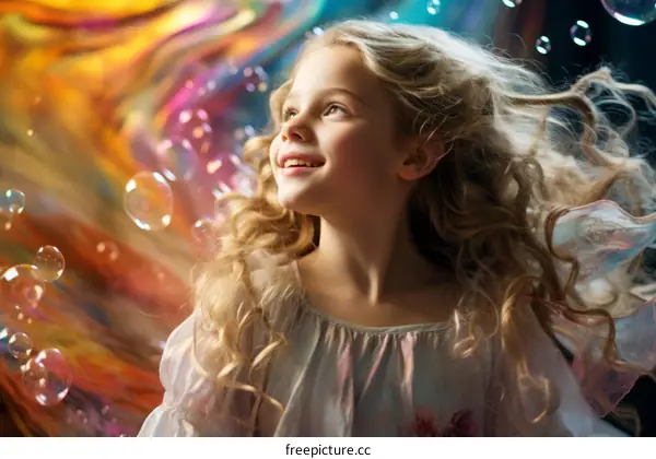 Portrait of a happy little girl with blonde hair and blue eyes. She is wearing a white dress and is surrounded by bubbles.