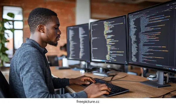 African American Programmer Working on Code