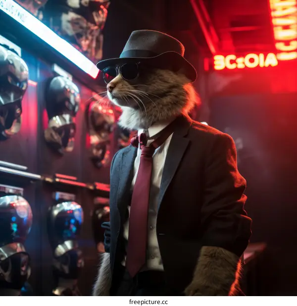 A cool cat wearing a suit and sunglasses stands in a dimly lit room.