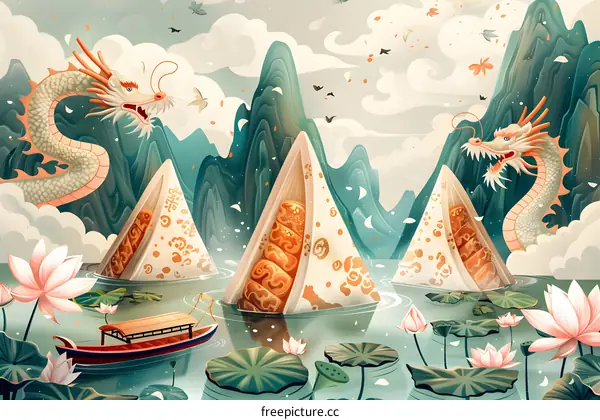 Dragon Boat Festival Scene with Dragon Boats