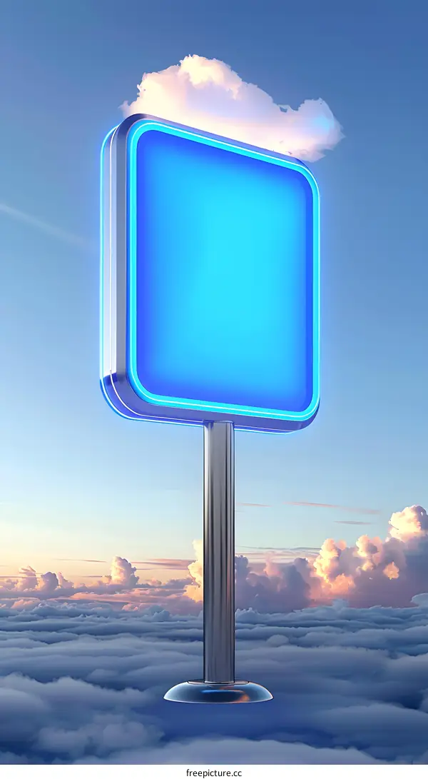 Blank Blue Neon Sign Above Clouds