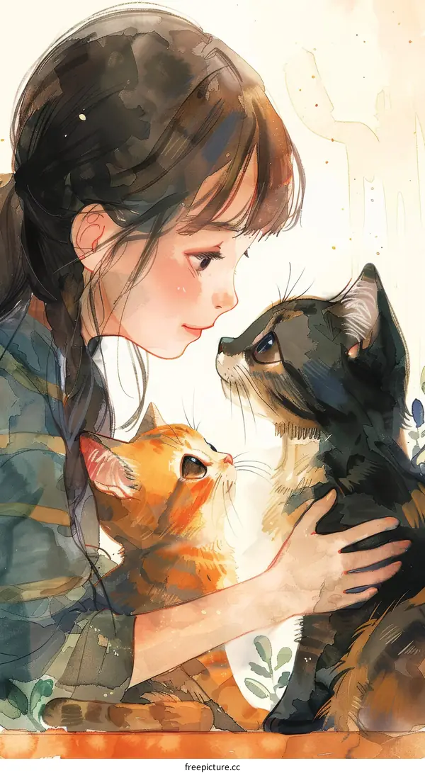 A girl is hugging two cats