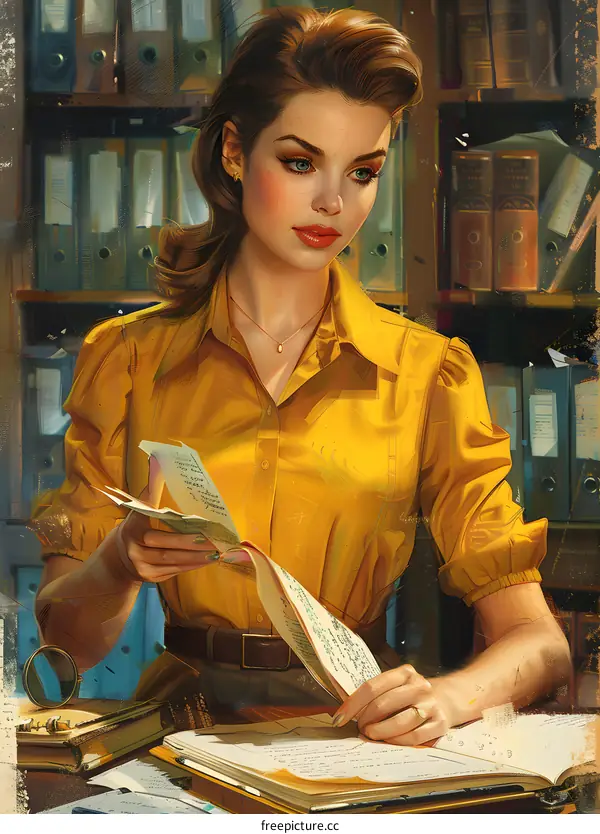 Beautiful woman in yellow blouse reading a book in a library