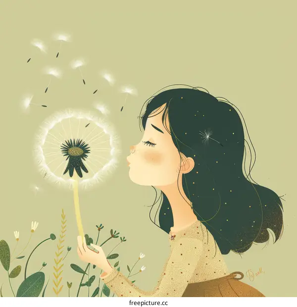 Young girl blowing dandelion seeds in the wind making a wish for the future