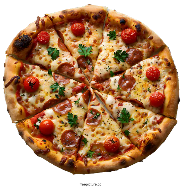 [Transparent Background PNG]Delicious pizza with tomatoes and pepperoni