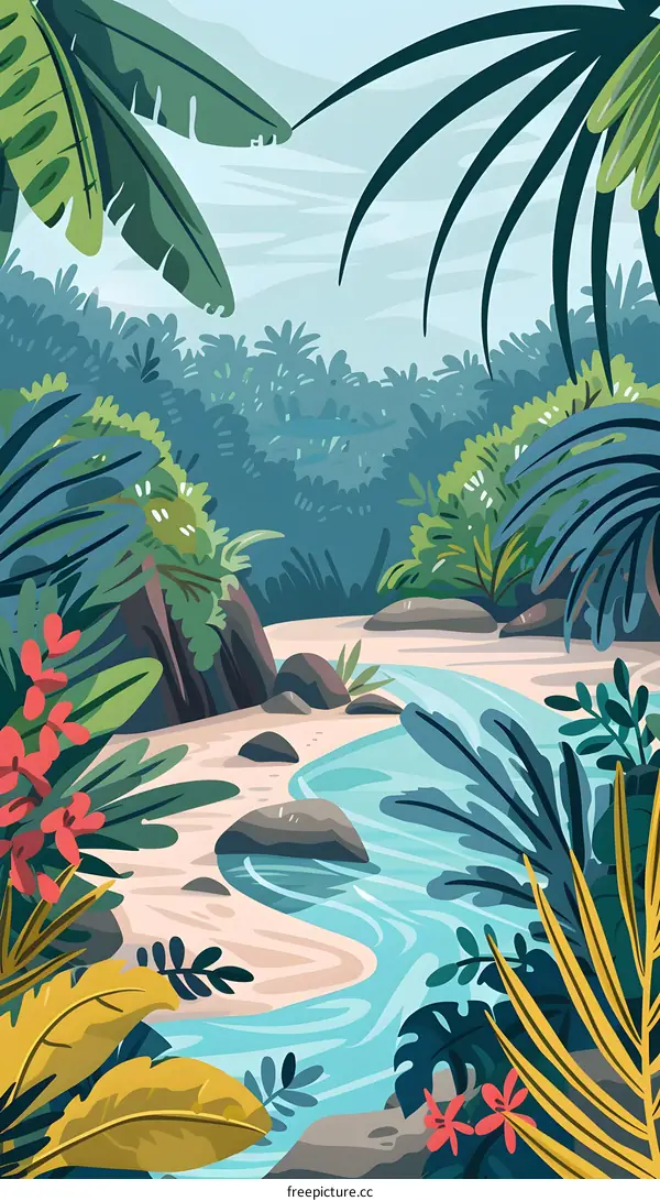 Tropical Rainforest Landscape Illustration With Stream and Lush Foliage