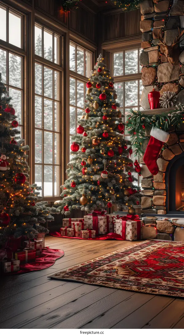 Inviting Living Room with a Cozy Fireplace and Decorated Christmas Tree