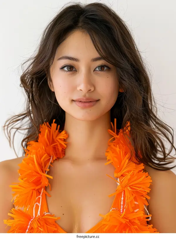 Portrait of a beautiful young woman with long brown hair wearing an orange bandeau bikini and a flower lei