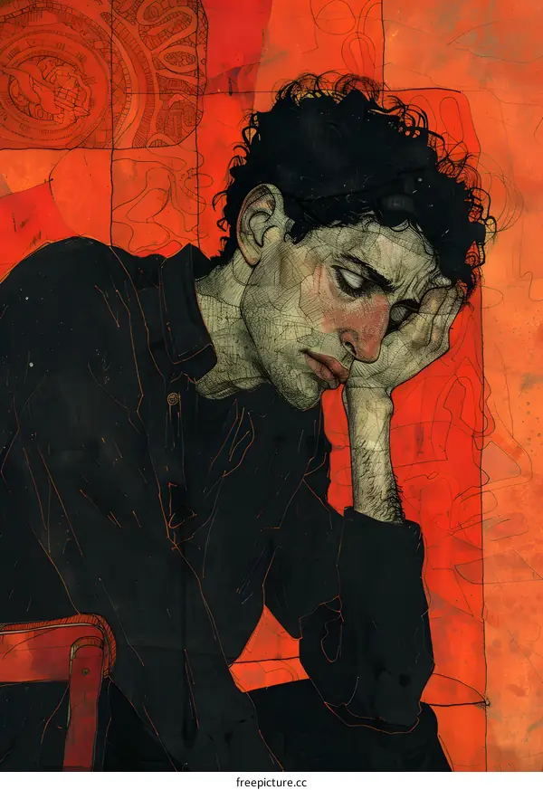 A portrait of a man with dark hair and a beard, wearing a black shirt, with his hand on his head, on a red background