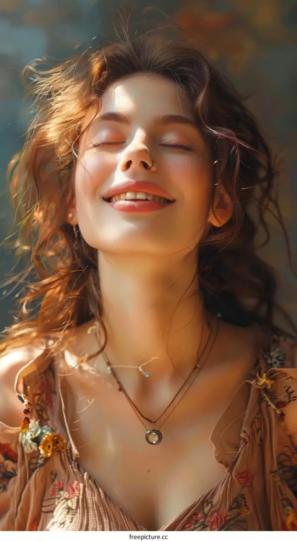 portrait of a beautiful woman with long brown hair and a happy expression on her face