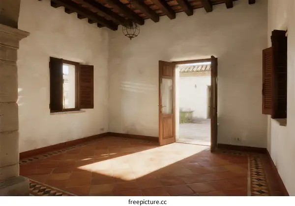 Empty room with wooden beams and tiled floor