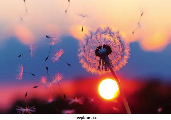 Dandelion seeds blowing in the wind at sunset