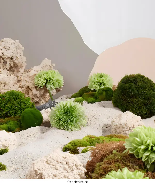 Green Flowers and Moss Arrangement in a Minimalist Setting