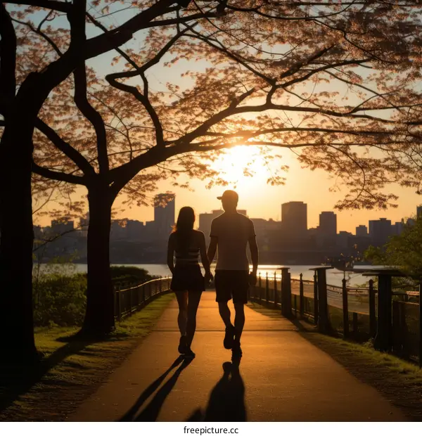 A couple is walking on a park path at sunset