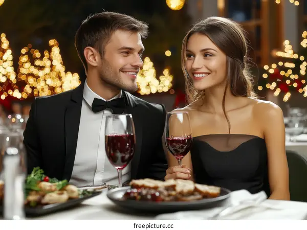 Couple Enjoying a Romantic Dinner in a Festive Restaurant