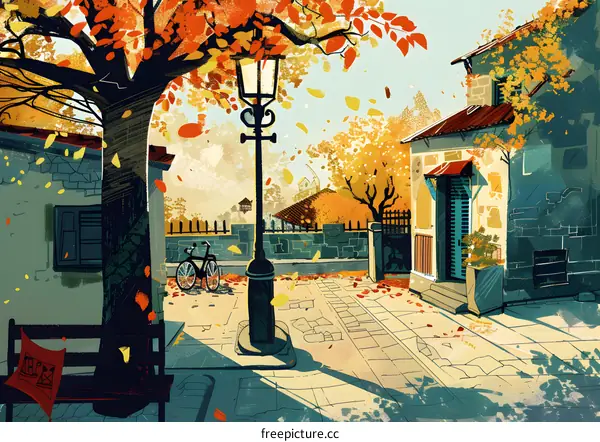 Autumn Landscape with Tree, Street Lamp, and House
