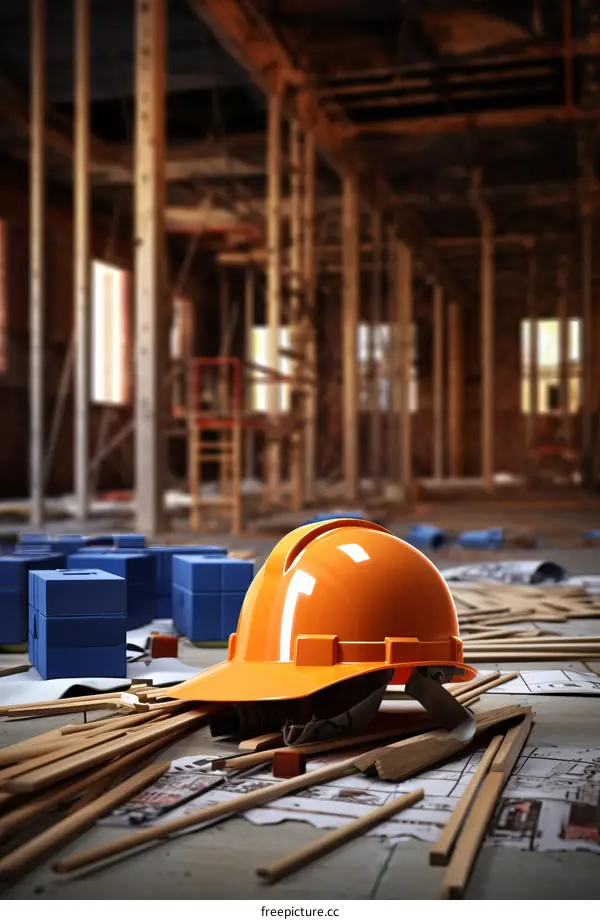 An orange hard hat sits on top of blueprints in a building under construction