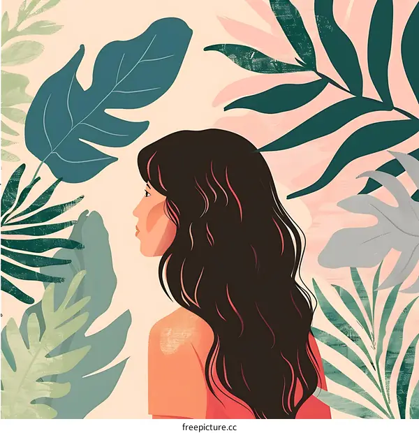 Woman with Long Hair in a Tropical Garden