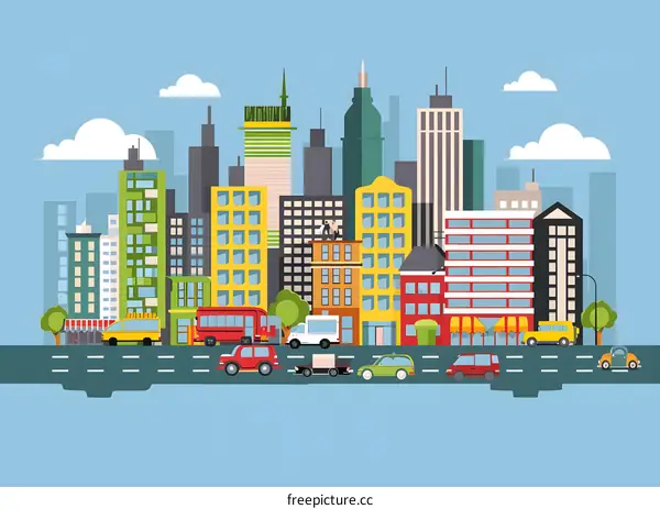 Cityscape Illustration with Buildings, Cars and Sky