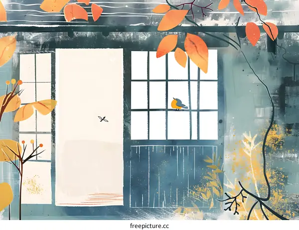 A Small Bird Resting on a Window Sill Surrounded by Fall Foliage