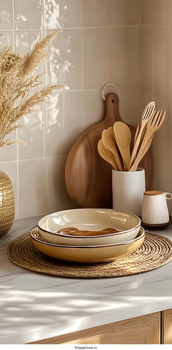 Beige Kitchen Decor with Wooden Utensils and Ceramic Dishes