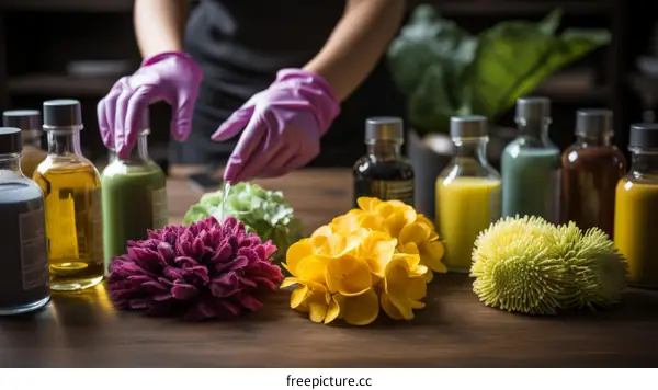A person wearing purple gloves is mixing liquids in a science lab