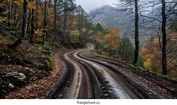 Winding Muddy Road through Autumn Forest