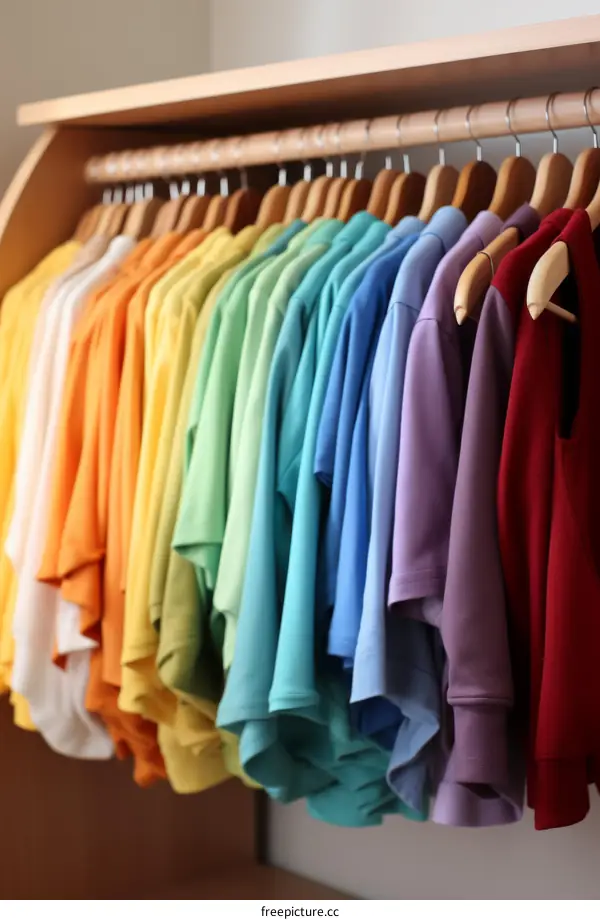A wooden clothes rack with a rainbow of t-shirts on it.