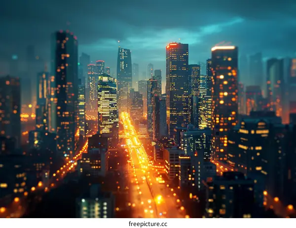 Stunning City Night View with Modern Skyscrapers and Bright Lights