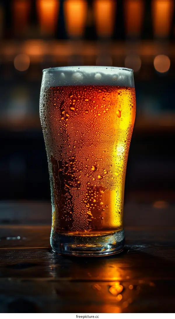Close-up of a Glass of Beer on a Wooden Table with a Blurred Background